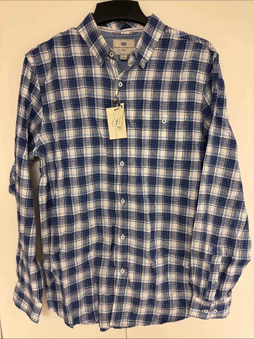 Report Collection Blue and White Plaid Linen-Blend Button-Down Shirt